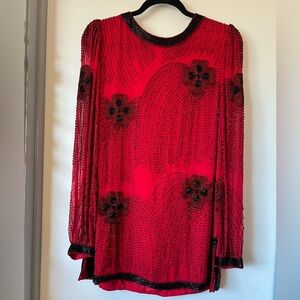 Vintage Oleg Cassini floral hand beaded 100% silk blouse in vibrant red black M